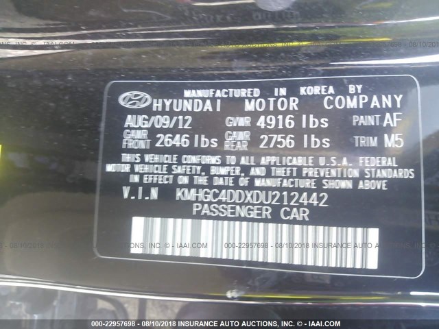 KMHGC4DDXDU212442 - 2013 HYUNDAI GENESIS 3.8L BLACK photo 9