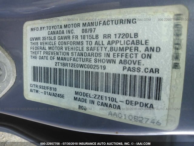 2T1BR12E0WC002519 - 1998 TOYOTA COROLLA VE/CE/LE 灰色 照片 9