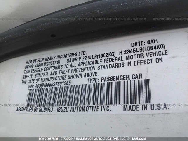 4S3BH686527601265 - 2002 SUBARU LEGACY OUTBACK LIMITED WHITE photo 9