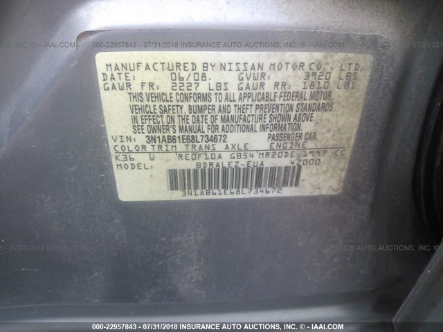 3N1AB61E68L734672 - 2008 NISSAN SENTRA 2.0/2.0S/2.0SL SILVER photo 9