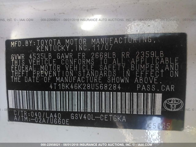 4T1BK46K28U568284 - 2008 TOYOTA CAMRY LE/XLE/SE Ağ foto 9