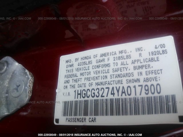 1HGCG3274YA017900 - 2000 HONDA ACCORD EX RED photo 9