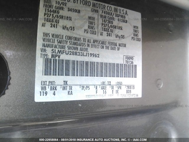 5LMFU28R33LJ19962 - 2003 LINCOLN NAVIGATOR BEIGE photo 9