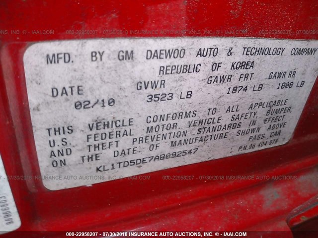 KL1TD5DE7AB092547 - 2010 CHEVROLET AVEO LS/LT 红色 照片 9