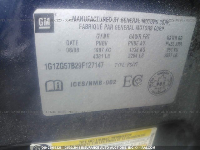 1G1ZG57B29F127147 - 2009 CHEVROLET MALIBU LS Mavi foto 9