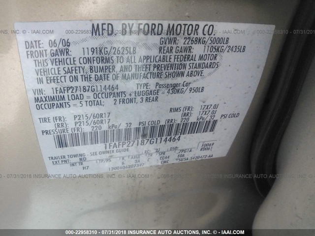 1FAFP27187G114464 - 2007 FORD FIVE HUNDRED SEL GOLD photo 9