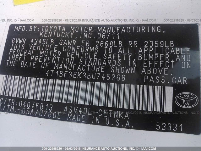 4T1BF3EK3BU745268 - 2011 TOYOTA CAMRY SE/LE/XLE თეთრი ფოტო 9