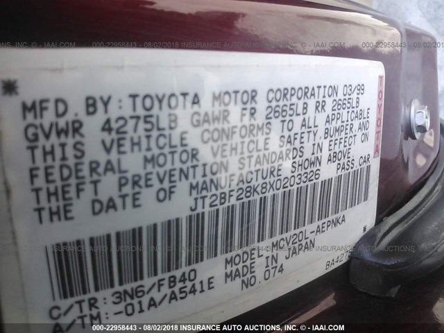 JT2BF28K8X0203326 - 1999 TOYOTA CAMRY LE/XLE MAROON photo 9