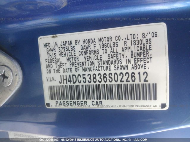 JH4DC53836S022612 - 2006 ACURA RSX BLUE photo 9