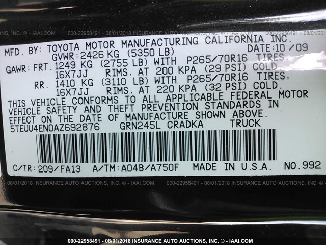 5TEUU4EN0AZ692876 - 2010 TOYOTA TACOMA ACCESS CAB Սև լուսանկար 9