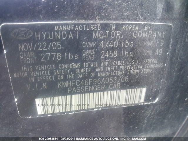 KMHFC46F96A053766 - 2006 HYUNDAI AZERA SE/LIMITED PURPLE photo 9