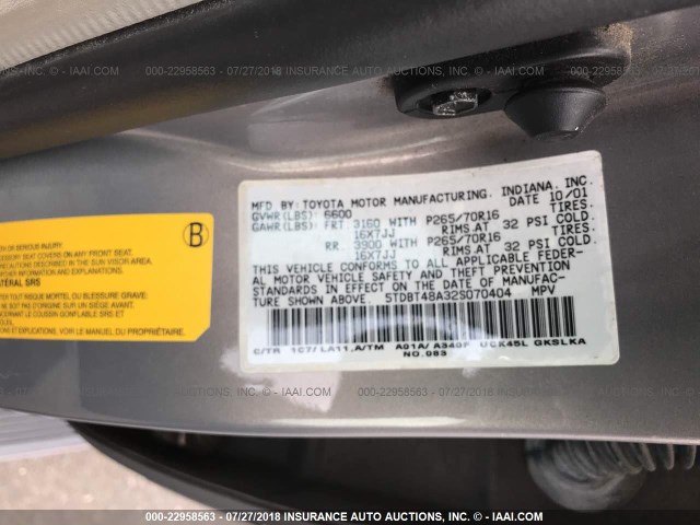 5TDBT48A32S070404 - 2002 TOYOTA SEQUOIA LIMITED GRAY photo 9