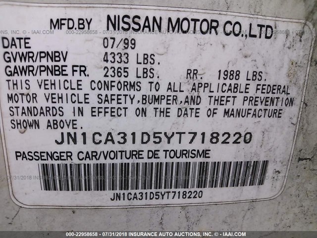 JN1CA31D5YT718220 - 2000 NISSAN MAXIMA GLE/GXE/SE WHITE photo 9