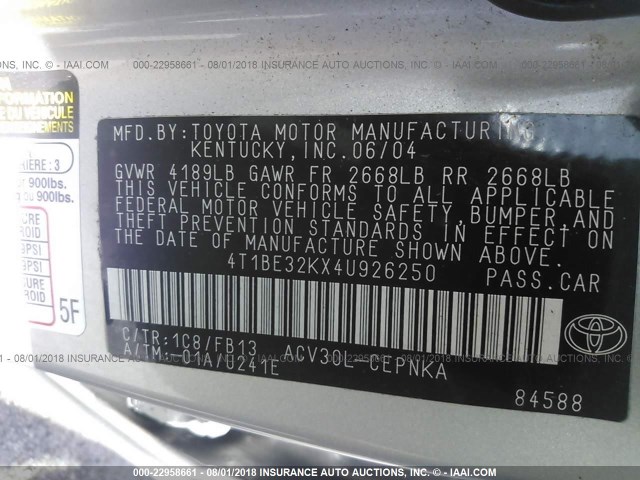 4T1BE32KX4U926250 - 2004 TOYOTA CAMRY LE/XLE/SE Gümüş foto 9