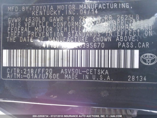 4T1BF1FK9EU395670 - 2014 TOYOTA CAMRY L/SE/LE/XLE Qara foto 9