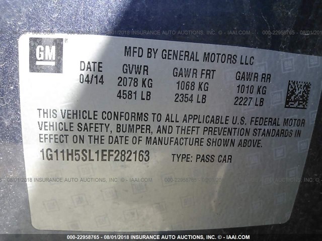 1G11H5SL1EF282163 - 2014 CHEVROLET MALIBU LTZ 蓝色 照片 9