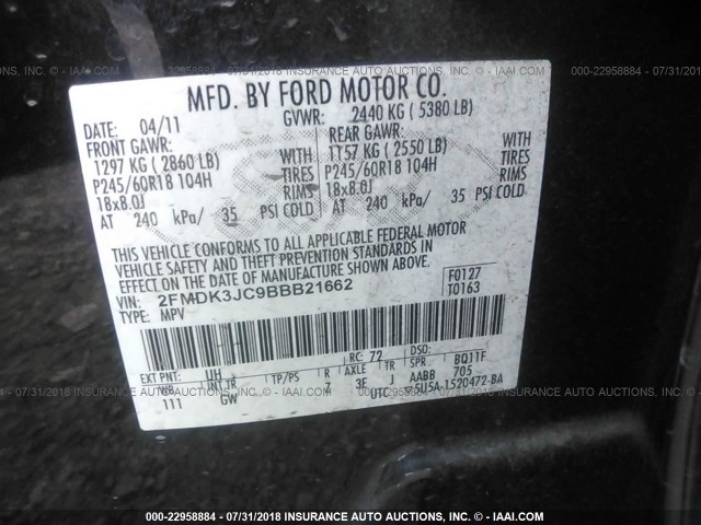 2FMDK3JC9BBB21662 - 2011 FORD EDGE SEL BLACK photo 9