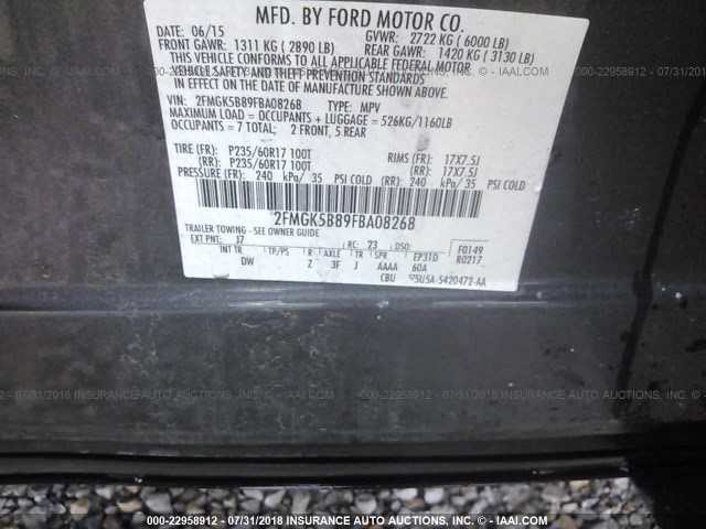 2FMGK5B89FBA08268 - 2015 FORD FLEX SE GRAY photo 9