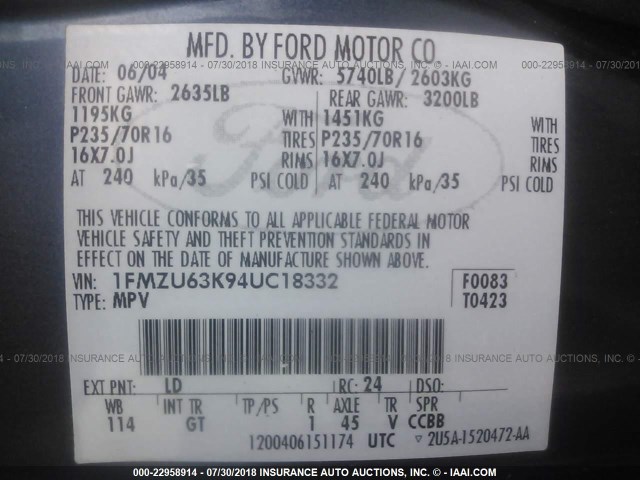 1FMZU63K94UC18332 - 2004 FORD EXPLORER XLT/XLT SPORT/NBX 蓝色 照片 9