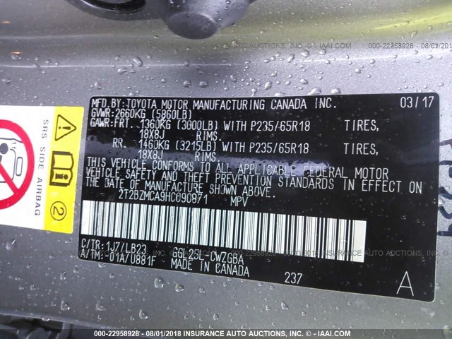 2T2BZMCA9HC090871 - 2017 LEXUS RX 350/BASE/F SPORT GRAY photo 9