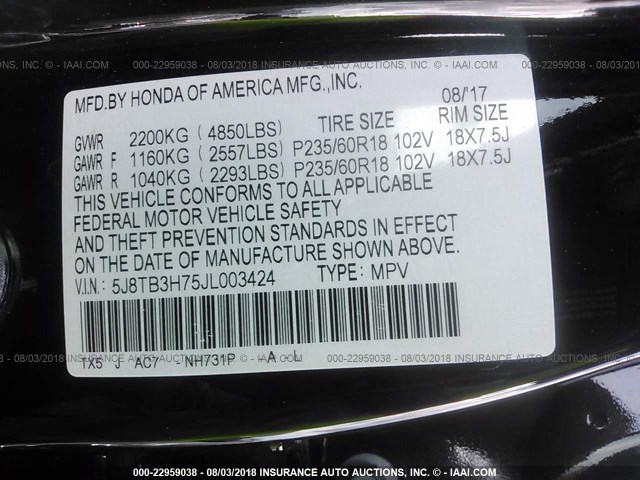 5J8TB3H75JL003424 - 2018 ACURA RDX ADVANCE BLACK photo 9