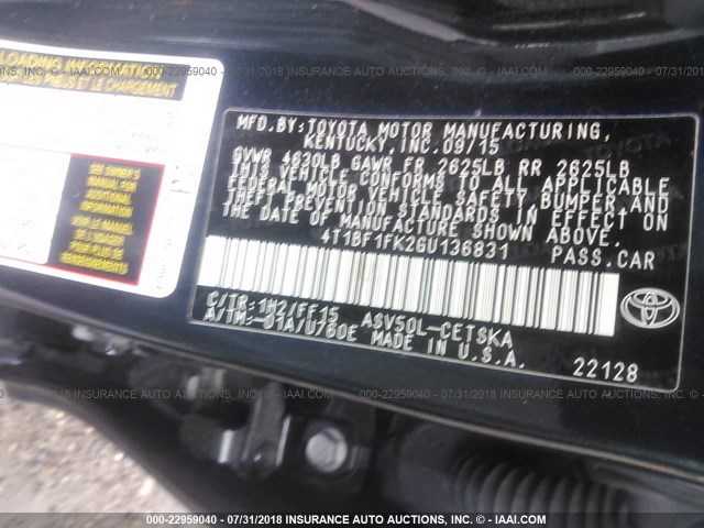 4T1BF1FK2GU136831 - 2016 TOYOTA CAMRY LE/XLE/SE/XSE Dark Blue photo 9