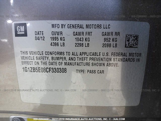 1G1ZB5E08CF330308 - 2012 CHEVROLET MALIBU LS Şampan foto 9