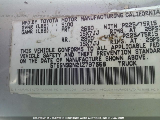 5TESN92N21Z797568 - 2001 TOYOTA TACOMA XTRACAB PRERUNNER ვერცხლისფერი ფოტო 9