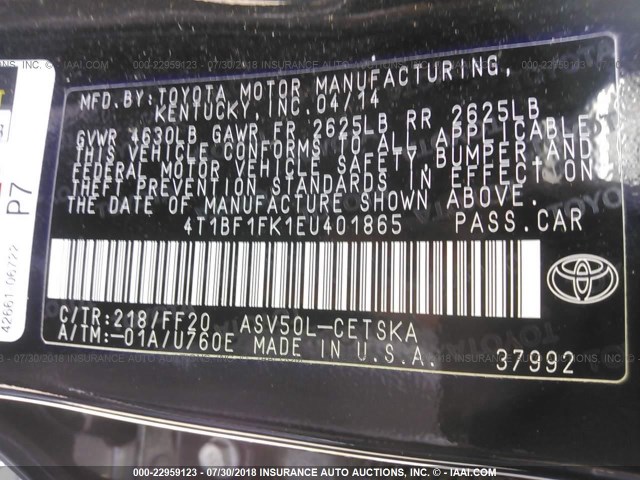 4T1BF1FK1EU401865 - 2014 TOYOTA CAMRY L/SE/LE/XLE შავი ფოტო 9