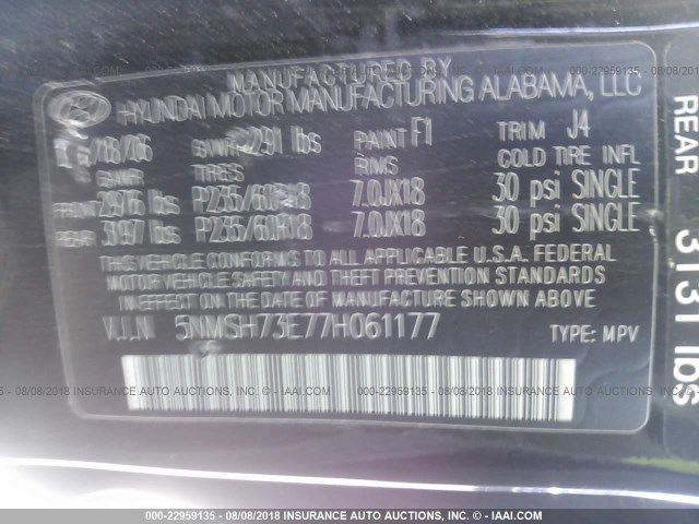 5NMSH73E77H061177 - 2007 HYUNDAI SANTA FE SE/LIMITED BLACK photo 9