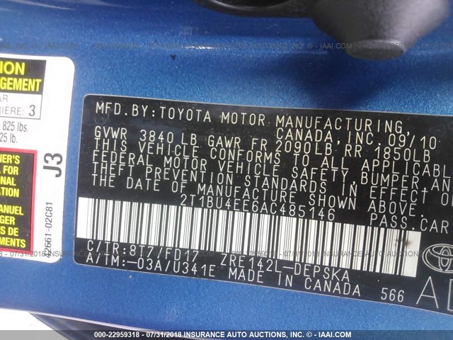 2T1BU4EE6AC485146 - 2010 TOYOTA COROLLA S/LE/XLE BLUE photo 9