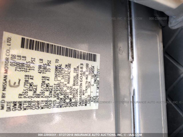 5N1BA08D39N604683 - 2009 NISSAN ARMADA SE/LE SILVER photo 9