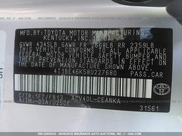 4T1BE46K58U227680 - 2008 TOYOTA CAMRY CE/LE/XLE/SE SILVER photo 9