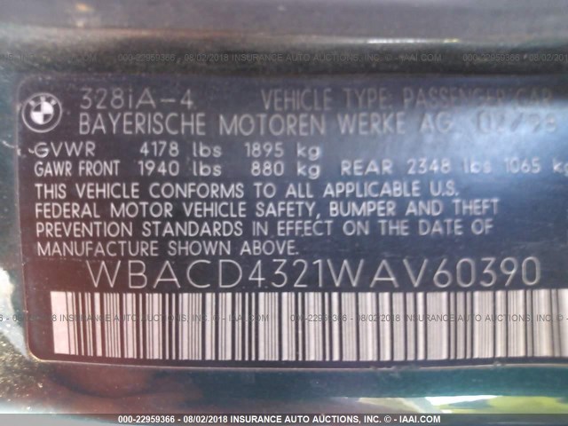 WBACD4321WAV60390 - 1998 BMW 328 I AUTOMATIC GREEN photo 9