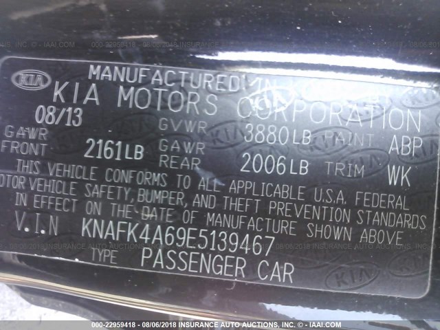 KNAFK4A69E5139467 - 2014 KIA FORTE LX BLACK photo 9