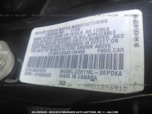 2T1BR12E0XC139459 - 1999 TOYOTA COROLLA VE/CE/LE 黑色 照片 9