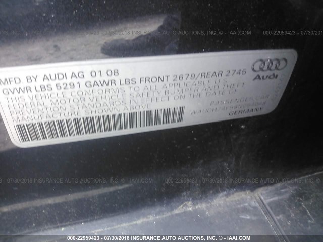 WAUDH74F58N094048 - 2008 AUDI A6 3.2 QUATTRO GRAY photo 9