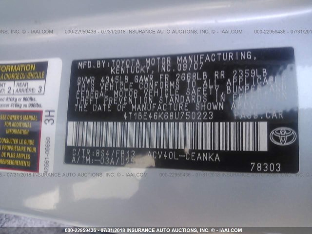 4T1BE46K68U750223 - 2008 TOYOTA CAMRY CE/LE/XLE/SE Light Blue photo 9