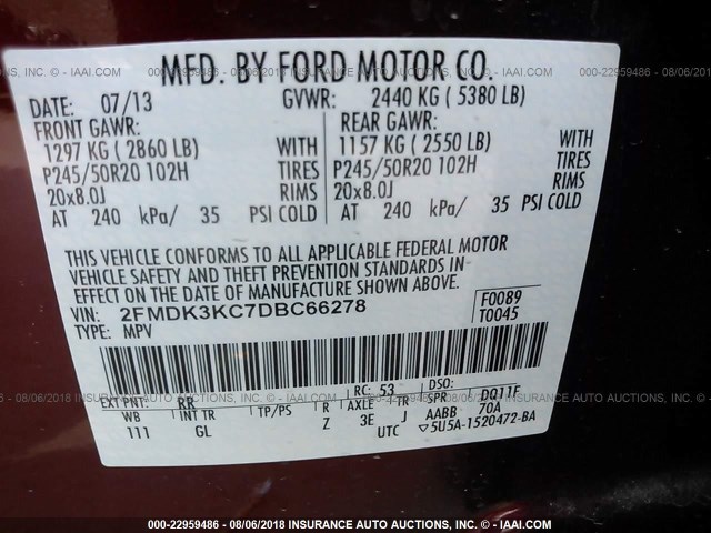 2FMDK3KC7DBC66278 - 2013 FORD EDGE LIMITED RED photo 9