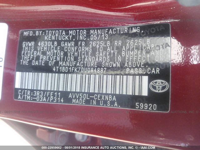 4T1BD1FK7DU084887 - 2013 TOYOTA CAMRY HYBRID/LE/XLE 红色 照片 9