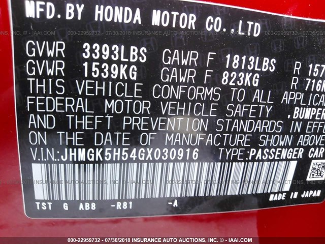 JHMGK5H54GX030916 - 2016 HONDA FIT LX RED photo 9