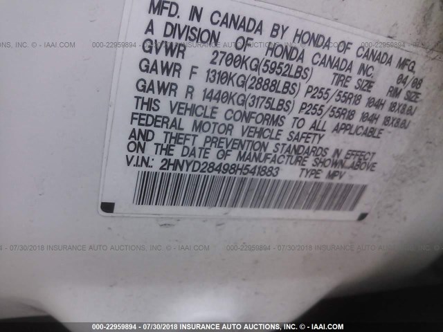2HNYD28498H541883 - 2008 ACURA MDX TECHNOLOGY WHITE photo 9