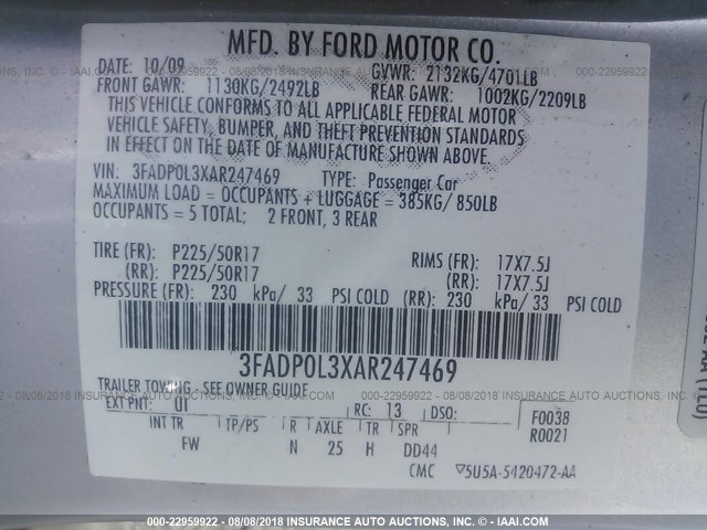 3FADP0L3XAR247469 - 2010 FORD FUSION HYBRID SILVER photo 9