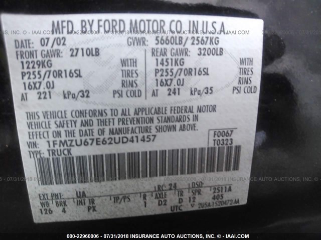 1FMZU67E62UD41457 - 2002 FORD EXPLORER SPORT TR  BLACK photo 9