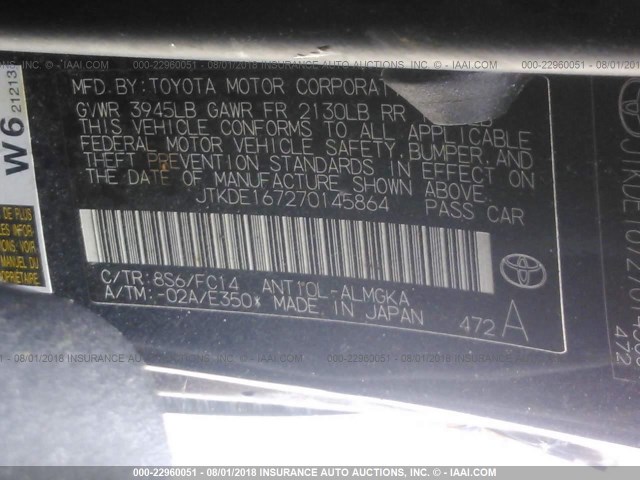 JTKDE167270145864 - 2007 TOYOTA SCION TC 蓝色 照片 9