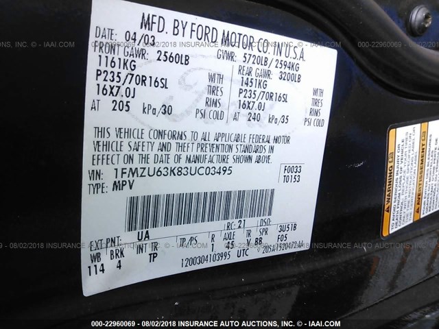 1FMZU63K83UC03495 - 2003 FORD EXPLORER XLT/XLT SPORT/NBX 黑色 照片 9