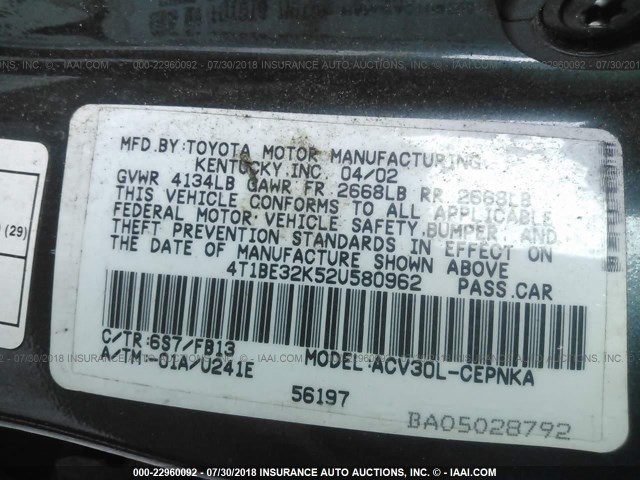 4T1BE32K52U580962 - 2002 TOYOTA CAMRY LE/XLE/SE 灰色 照片 9