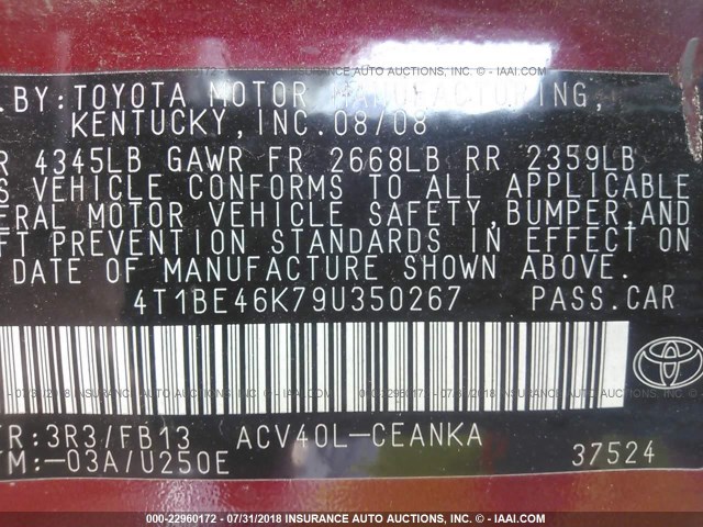 4T1BE46K79U350267 - 2009 TOYOTA CAMRY SE/LE/XLE 红色 照片 9