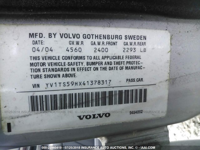 YV1TS59HX41378317 - 2004 VOLVO S80 2.5T GRAY photo 9