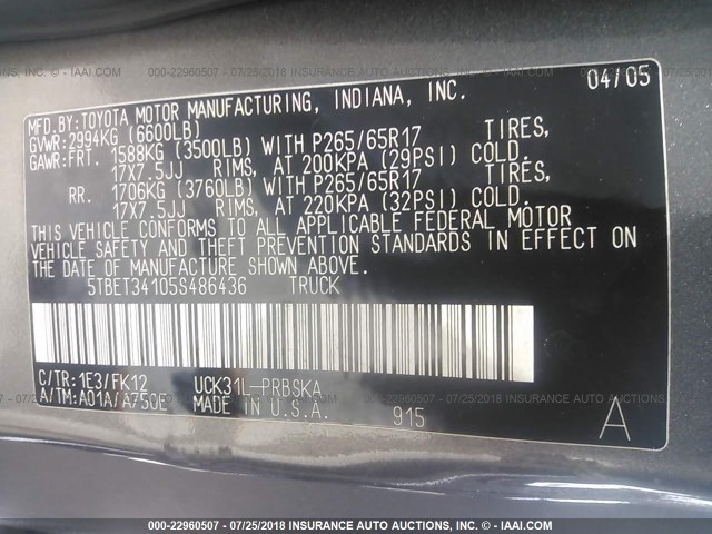 5TBET34105S486436 - 2005 TOYOTA TUNDRA DOUBLE CAB SR5 GRAY photo 9